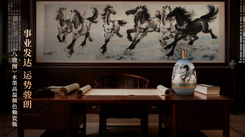 八骏呈祥,致敬大师,《八骏图》水墨高温颜色釉瓷瓶瓷上生辉