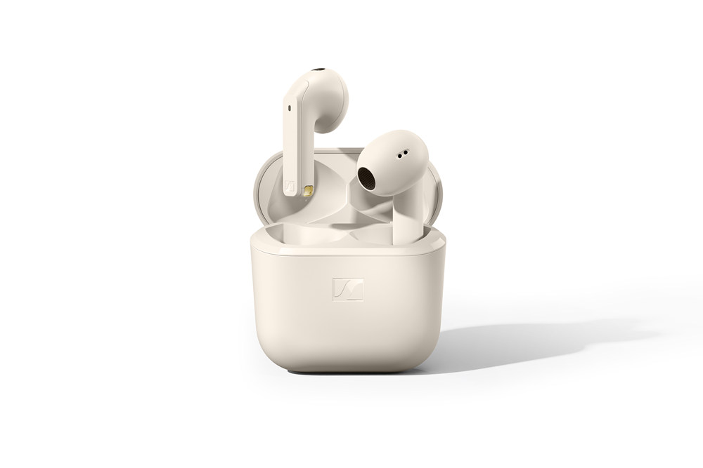 a white wireless earbuds in a white case
description automatically generated